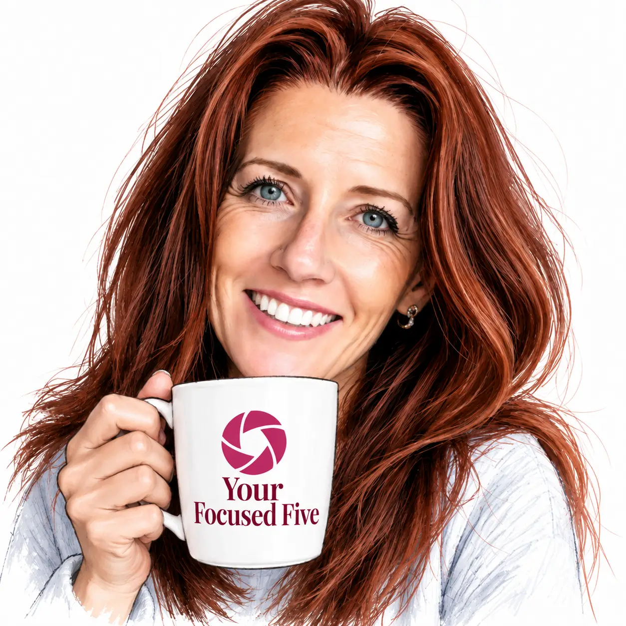 Melissa, smiling, holding a Your Focused Five mug